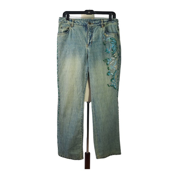 Newport News Jeanology  Denim Floral Embroidered Beaded Bling Vintage Jeans 12
