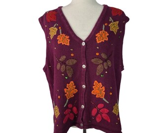 Bobbie Brooks Purple Autumn Embroidered Applique Motif Vintage Sweater Vest XL