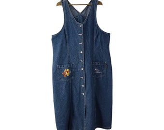 Winnie the Pooh Tigger Eeyore Disney Blue Denim Button Front Jumper Dress 22 W