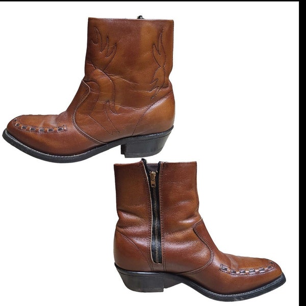 Double H Caramel Brown Leather Zip Up Vintage Ankle Boots Men's 8 D