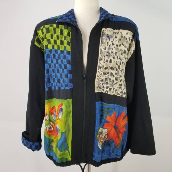 Dorothy Schoelen Platinum Blue Green Orange Abstract Floral Vintage Jacket M