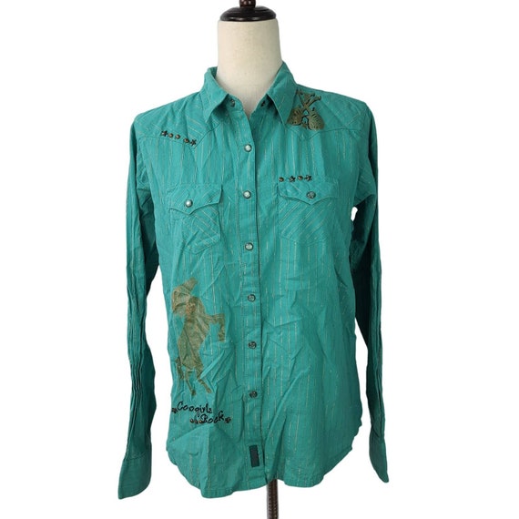 Wrangler Teal Gold Cowgirls Rock Snap Button Vint… - image 1