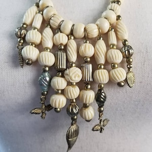 BOHO Chic Beads Baubles Birds Cream Metal Vintage Statement Necklace Very Good!