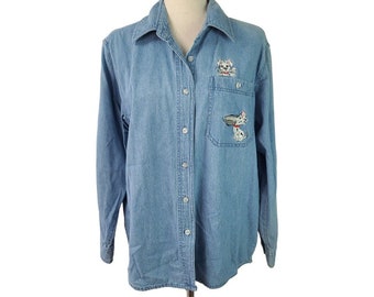 Disney 101 Dalmation's Blue Denim Embroidered Applique  Vintage Shirt M