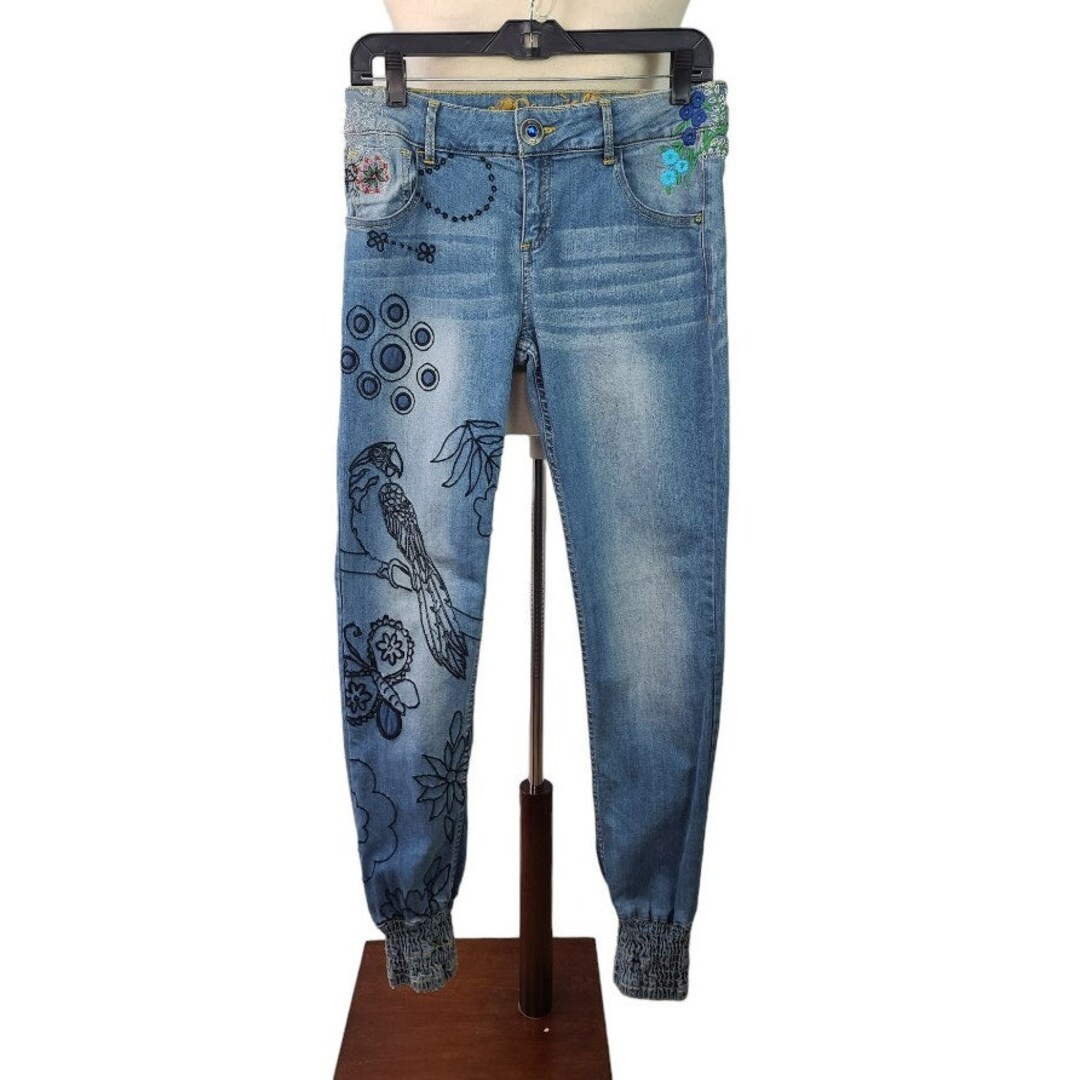 Desigual Embroidered Floral Parrot Vintage Denim Blue Jeans 30 - Etsy