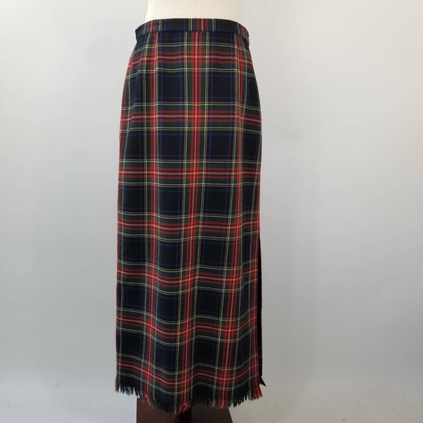 Rafaella Red Black Yellow Plaid Wrap   Maxi Skirt Lined Fringe Hem MINT Size 8