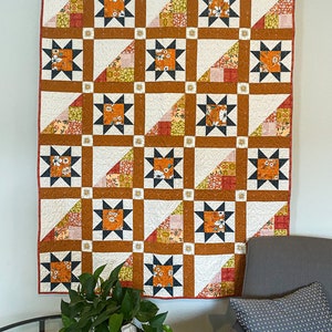 Save This Spot Quilt | Handmade | Modern Patchwork | Orange | Blue | Florals | Throw Size | Cozy Blanket