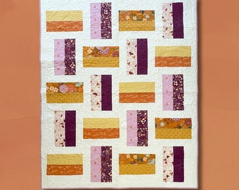 Handmade Quilt | Modern Patchwork | Purple | Gold | Scrappy | Throw Size | Cozy Blanket | Floral | Bees | Moths