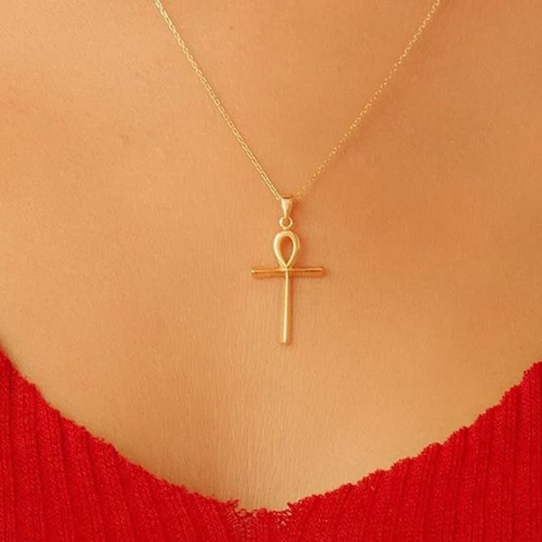 14K 18K Solid Gold Ankh Cross Necklace, Gold Egypt Hieroglyphs Necklace, Dainty Gold Cross Pendant Necklace