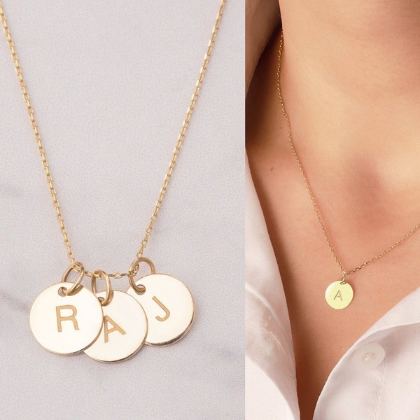 14K 18K Real Solid Gold Tiny Initial Disk Necklace - Personalized Gifts for Mothers w/ Custom Children's Initials Discs- Gift Ideas for Mom