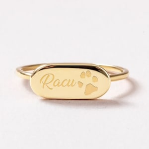 Anillo con sello de huella de pata de oro macizo real de 14 quilates y 18 quilates, anillo con huella de pata rectangular grabado personalizado, regalo conmemorativo, regalo para amantes de las mascotas