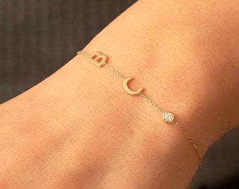 Custom Birthstone Letter Bracelet 14K Solid Gold • Personalize Letter Family Bracelet • Dainty Sideways Initial Couple Bracelet Gift For Her