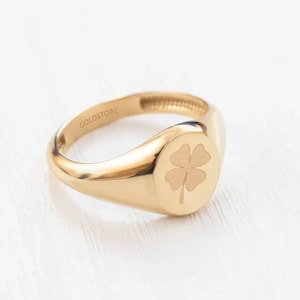 14K 18K Solid Gold Engravable Custom Signet Gold Ring • Personalized Iconic Stackable Gold Ring • Clover Signet Ring •  Mother&#39;s Day Gift