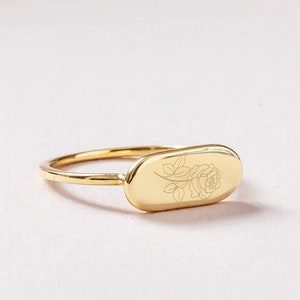 14K 18K Real Gold Engraved Flower Rectangle Ring, Custom Personalized Signet Birth Flower Ring, Birth Month Ring, Floral Signet Ring Jewelry