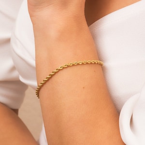 14k Real Gold Rope Chain Bracelet • Minimalist Twisted Yellow Gold Rope Bracelet • Dainty Gold Layering Stacking Bracelet Gift for Her Him