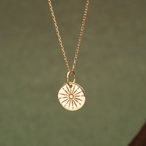 14K Solid Gold Sunbeam Necklace • Custom Initial Engrave Sunshine Disc Pendant • Minimalist Sun Tarot Disc Necklace • Mother&#39;s Day Gift