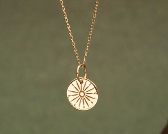 14K Solid Gold Sunbeam Necklace • Custom Initial Engrave Sunshine Disc Pendant • Minimalist Sun Tarot Disc Necklace • Mother's Day Gift