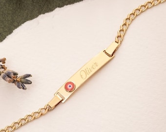 Evil Eye Baby Bracelet with Rectangle Bar in 14K Real Gold • Custom Engrave Baby Bracelet• Enamel Eye Gold Personalized Initial ID Bracelet