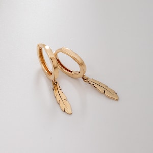 14K 18K Real Gold Bird Feather Hoop Earrings • Dainty Solid Gold Dangle Drop Plume Earring • Daily-Use Feather Golden Color Options Earrings