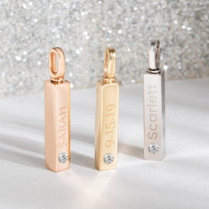 Personalized 14K 18K Gold Bar Cremation Urn Necklace For Ashes, Dad Mom Baby Son Ashes Holder Custom Engraved Vertical Bar Diamond Pendant