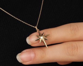 14K 18K Real Gold North Star Necklace, Solid Gold Polaris Pendant, Celestial Jewelry, Starburst Pendant Pole Star Necklace, Anniversary Gift