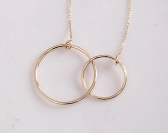 14K or 18K Real Gold Double Chamber Necklace • Solid Gold Nested Ring Necklace • Entwined Circles Necklace • Double Hoop Rings Necklace