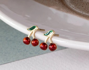 Orecchini a forma di ciliegia placcati in oro: porcellana rossa, argento 925 - Italia