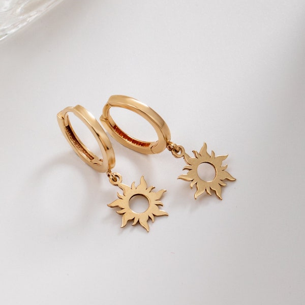 14K 18K Real Gold Sun Hoop Earring • Elegant Solid Gold Morning Star Dangle Earrings • Daily Use Circle Sun Golden Color Options Earrings