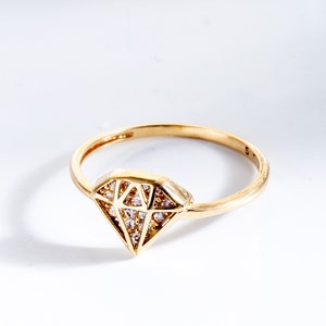 14K Solid Gold Geometric Ring, Real Gold CZ Stone Diamond Ring, Diamond Shape Themed Ring, Perfect Valentine&#39;s Day Gift, Dainty Gift For Her