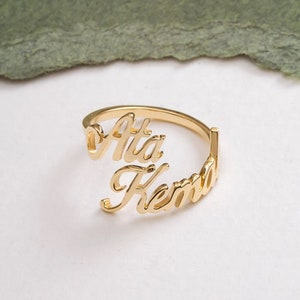 Anillo con dos nombres, oro auténtico de 14 quilates y 18 quilates, anillo con dos nombres, anillo con nombre personalizado, anillo con nombre para niños, anillo con nombre personalizado con escritura, regalo para mamá
