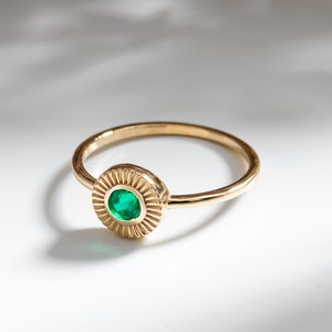14K Solid Gold Genuine Emerald Solitare Ring, Dainty Genuine Emerald Gold Ring, Round Cut Emerald Gold Ring, Solitaire Emerald Sun Gold Ring