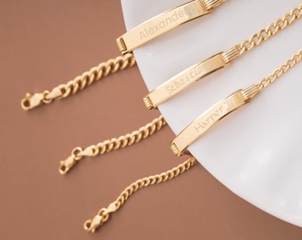 Custom Name Engrave Bar Baby Bracelet in 14k Real Yellow Gold • Personalized Baby Boy Girl ID Bar Bracelet • Gift for 1 2 3 4 5 Years Old