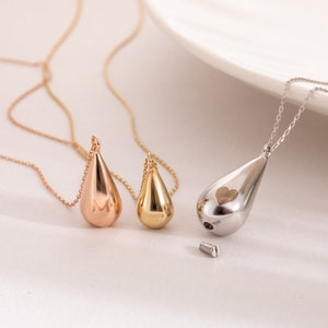 Collar con colgante de urna de cremación en forma de lágrima de oro real de 14 quilates, colgante conmemorativo personalizado grabado para papá, mamá, papá, bebé e hijo para cenizas de humanos y mascotas