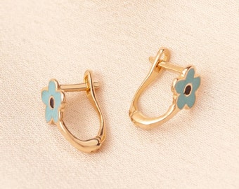 Boucles d'oreilles marguerite en or véritable 14 carats ou 18 carats • Jolies boucles d'oreilles fleur en or • Boucles d'oreilles fleurs multicolores • Cadeau pour votre fille • Cadeau pour tout-petit