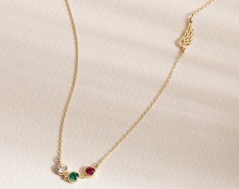 1 2 3 4 Birthstones Angel Wing Necklace in 14K Solid Gold, Guardian Angel Choker Necklace, Baby Loss Miscarriage, Sentimental Sympathy Gift