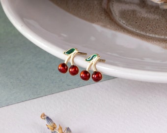 14K Solid Gold Dainty Cherry Earring, Red Cherries Gold Earring, Cute Fruit Earrings, Yellow Gold Red Cherry Summer Earring