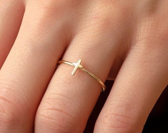 14K or 18K Solid Gold Dainty Cross Ring for Women, Cute Gold Cross Stackable Ring for Bridesmaid Gift,  Gold Cross Ring for Everyday Wear