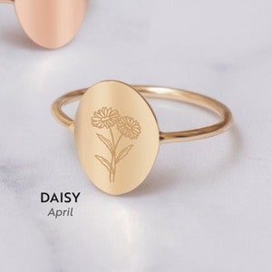 14K 18K Solid Gold Birth Flower Engraved Custom Ring, Dainty Birth Flower Ring, Everyday Floral Ring, Solid Gold Birth Month Flower Ring