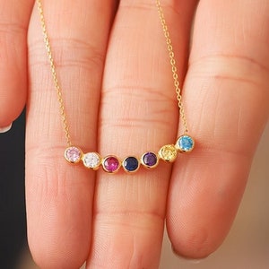 14K Solid Gold Curved Cz Birthstones Necklace, Handmade Family Necklace For Women, Personalized Gemstone Jewelry, Minimalist Gift For Mom