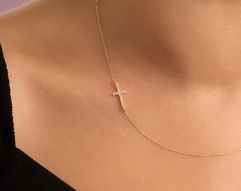 14K Solid Gold Diamond Sideways Cross Necklace, Gold Cz Cross Necklace, Dainty Gold Diamond or Cz Cross Necklace for Everyday Wear
