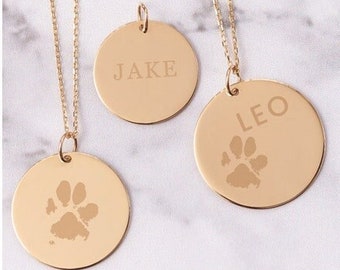 14K Solid Gold Custom Paw Print Engrave Disc Necklace, Mermorial Your Paw Print Disc Necklace, Custom 9mm to 20mm Disc Pendants to Engrave