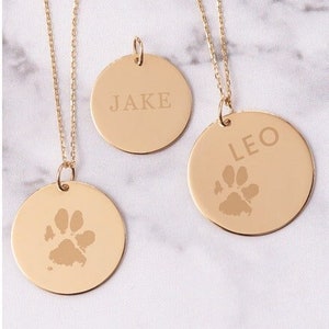 Colar de disco gravado personalizado com pegada de pata de ouro maciço 14K, colar de disco com pegada de pata memorial, pingentes de disco personalizados de 9 mm a 20 mm para gravar