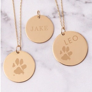 14K Solid Gold Custom Paw Print Engrave Disc Necklace, Mermorial Your Paw Print Disc Necklace, Custom 9mm to 20mm Disc Pendants to Engrave