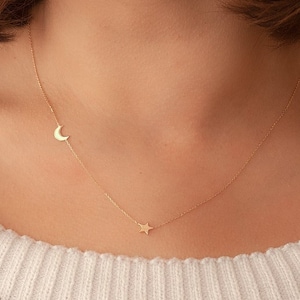 14K Solid Gold Crescent Moon And Star Necklace, Dainty Gold Crescent Moon and Star Everyday Necklace, Moon and Star Gold Necklace