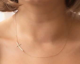 14K and 18K Solid Gold Sideways Curved Cross Necklace, Dainty Center or Off Center Sideways Curved Cross Necklace For Women, Gift For Her