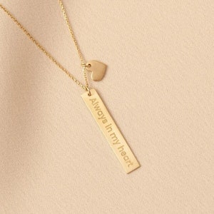 Colar com pingente de barra e coração vertical de 3 cm em ouro maciço 14K, colar com pingente de barra e coração vertical personalizado com nome e letra