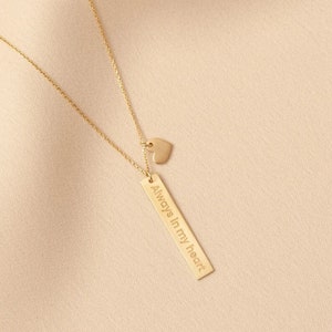 14K Solid Gold Vertical 3 cm Bar and Heart Charm Necklace, Personalized Custom Name and Letter Vertical Bar and Heart Charm Necklace