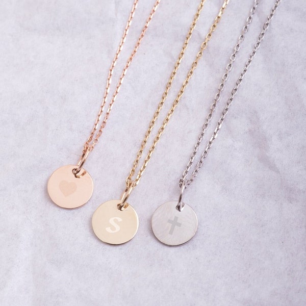 14K 18K Real Solid Gold Initial Pendant Necklace with Personalized Discs, Dainty Custom Initial CoinTag Pendants, Delicate Letter Small Disk