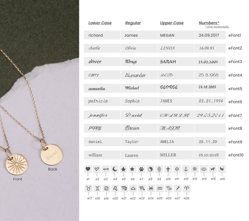 Pode incluir: Um colar de ouro com um pingente redondo que apresenta um desenho de sol na frente e o nome "Daniel" gravado na parte de tr&aacute;s. O colar &eacute; exibido em um fundo verde com um gr&aacute;fico de diferentes estilos de fonte e nomes.