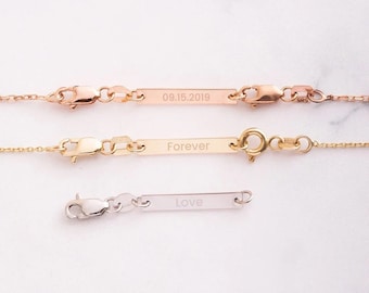 14K 18K Solid Gold Tiny Bar Tag Chain Extender, Personalized Tiny Bar Necklace Bracelet Removable Extender Tag, Gold Cross Extender Tag